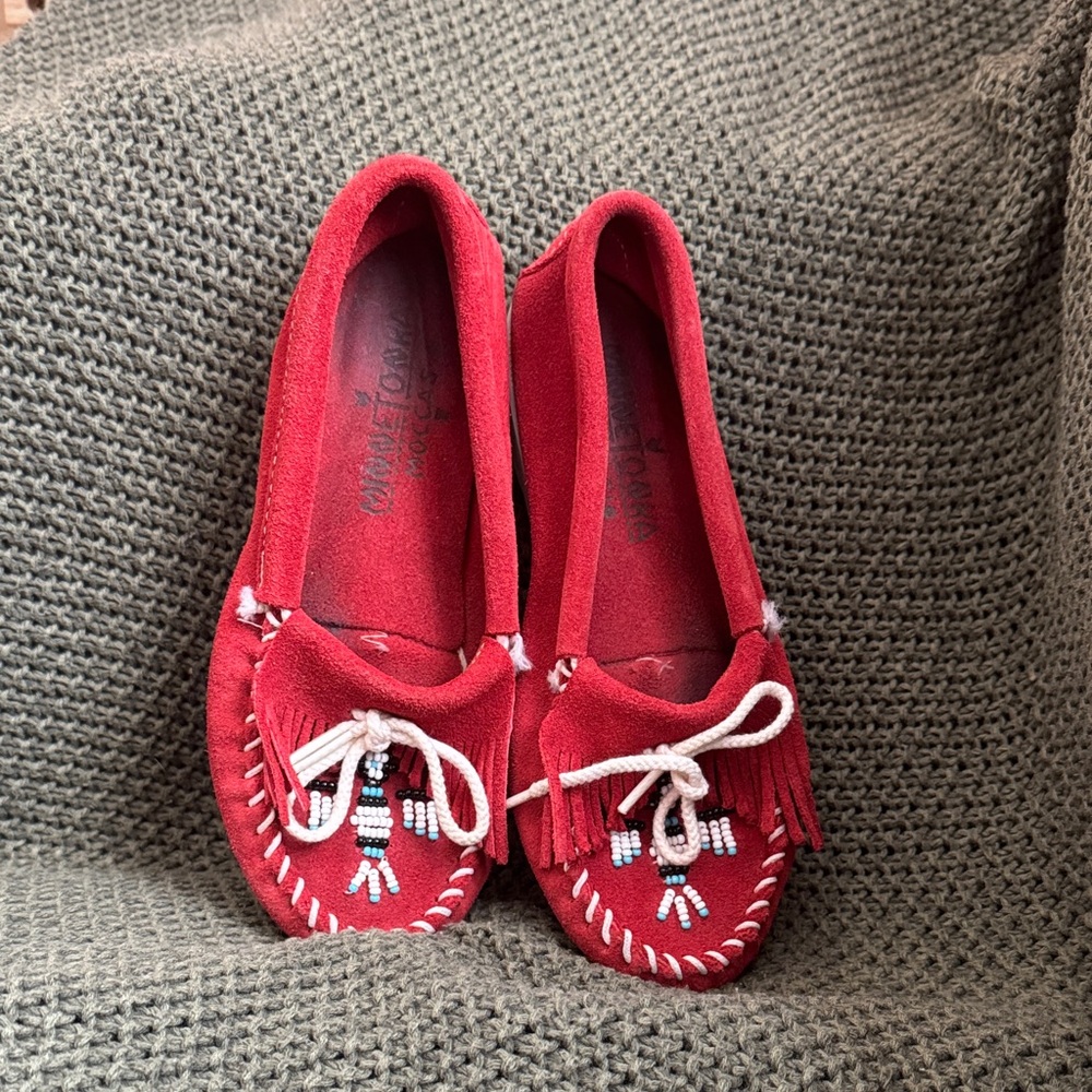 Minnetonka Red Moccasins with Beaded Detail